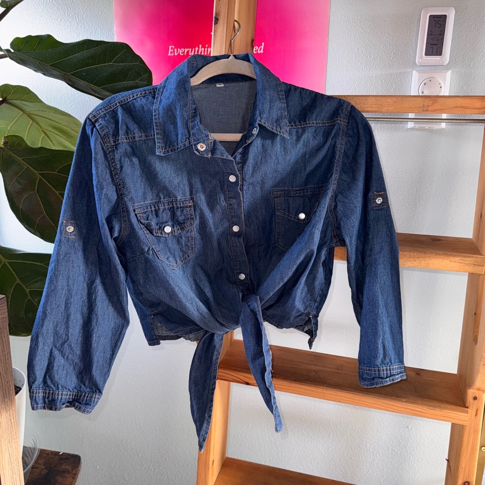 Denim Button-Up Tie Front Shirt